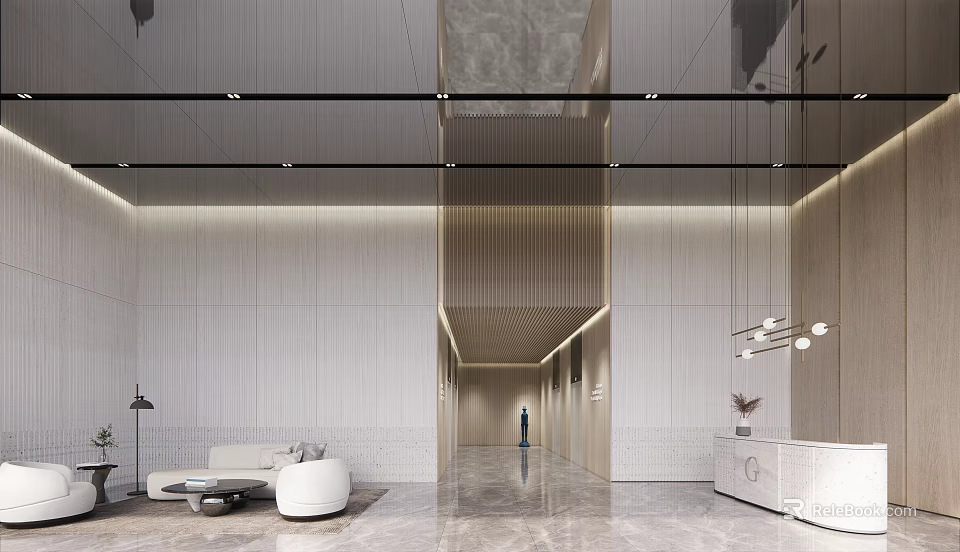 Modern Hotel Lobby Interior Design With Marble Floor Reception Desk Sofa And Chandelier 3d model 