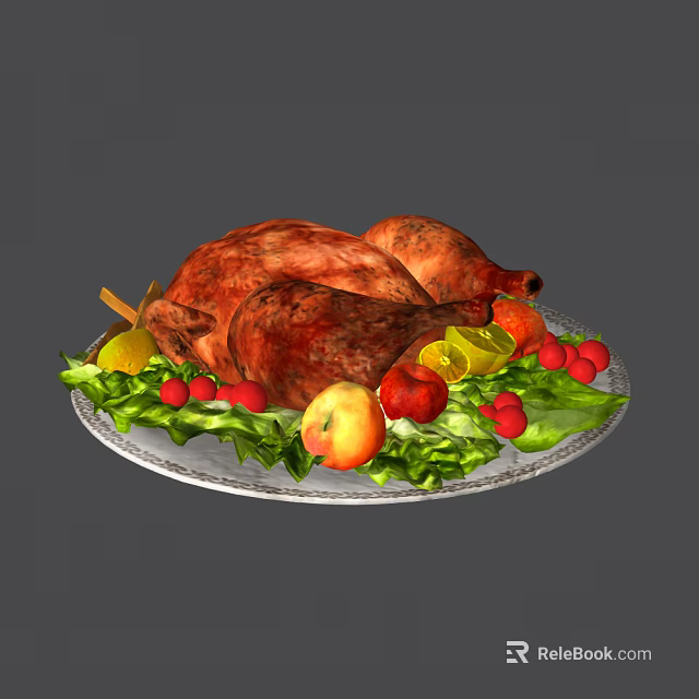 Roast Turkey Platter With Fresh Vegetables And Fruits On Lettuce 3d model 