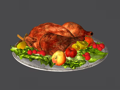 Roast Turkey Platter With Fresh Vegetables And Fruits On Lettuce 3d model