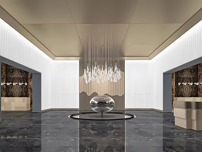 Modern Luxurious Hotel Lobby With Crystal Chandelier Spherical Decoration Marble Floor And Textured Walls 3d model