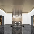 Modern Luxurious Hotel Lobby With Crystal Chandelier Spherical Decoration Marble Floor And Textured Walls