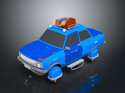 Blue Car With Luggage On Roof And Yellow Wheels In Cartoon Design 3d model