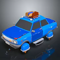 Blue Car With Luggage On Roof And Yellow Wheels In Cartoon Design