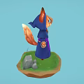 Cute Fantasy Fox Mage Character In Blue Robe With Staff On Floating Island