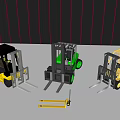 Different Colored Forklift Trucks With Fork Attachment On Reflective Floor Red Lines Background