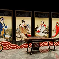 Traditional Chinese Interior With Four Screens Ancient Women Guzheng And Red Wave Patterns
