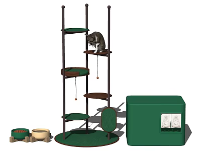 Multi Level Cat Tree With Hanging Toys Green Cat House And Colorful Bowls 3d model
