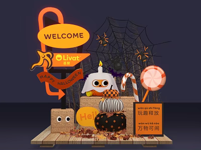 Halloween Amusement Equipment With Neon Welcome Sign Spider Web Pumpkin Lantern And Candies 3d model