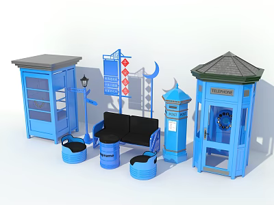 Blue Urban Street Furniture Set With Phone Booth Bench Trash Can And Lamp Post 3d model