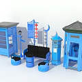 Blue Urban Street Furniture Set With Phone Booth Bench Trash Can And Lamp Post