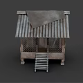Simple Rustic Wooden Hut With Worn Corrugated Iron Roof And Wooden Staircase