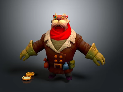Cat like Creature Character With Red Scarf Brown Coat And Gold Coins 3d model