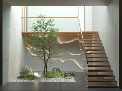 Modern Interior Design With Wooden Stairs Small Tree Greenery And Lighting 3d model