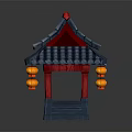 Chinese Traditional Pavilion With Blue Tiled Roof Red Frame And Hanging Lanterns