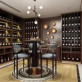 Elegant Wine Cellar With Wine Racks Wine Bottles Round Bar Counter Blue Stools And Pendant Lights