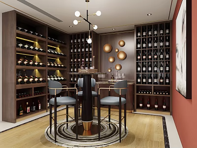 Elegant Wine Cellar With Wine Racks Wine Bottles Round Bar Counter Blue Stools And Pendant Lights 3d model