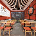 Stylish Restaurant Interior with Red Walls Wooden Tables Chairs and Open Layout