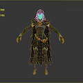 Hooded Female Character Costume With Black Cloak Blue Purple Outfit Red Accents And Blue Boots