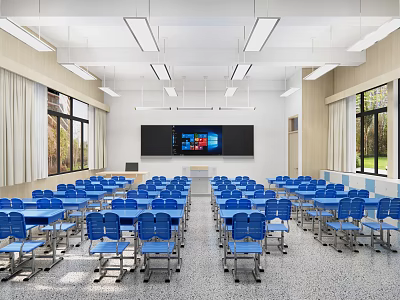 School Modern Classroom with Blue Desks Chairs Large Screen and Proper Lighting 3d model