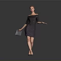Woman Wearing Off Shoulder Dress with Clutch Bag Striking Elegant Pose on Gray Background