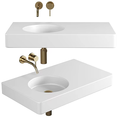 Sleek White Ceramic Washbasin With Golden Faucet For Modern Bathroom Design 3d model