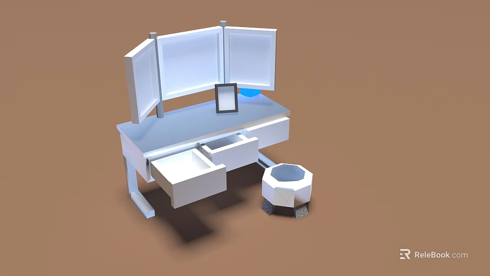 Modern Office Desk With Partition Screen Drawers Tablet And Hexagonal Stool 3d model