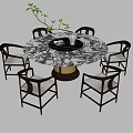 Modern Round Dining Table Set With Marble Top Gold Base And White Cushioned Chairs 3d model
