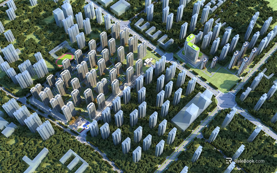 Detailed Aerial Urban Planning Layout With High Rise Buildings Green Spaces And Roads 3d model 