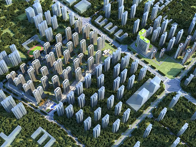 Detailed Aerial Urban Planning Layout With High Rise Buildings Green Spaces And Roads 3d model