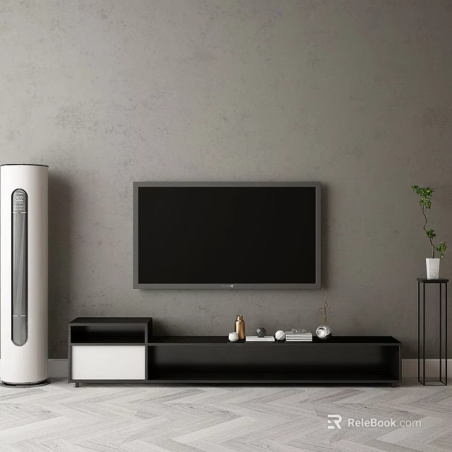 Gray Background Wall with Mounted TV Modern TV Stand White Vertical Appliance and Green Plant 3d model 