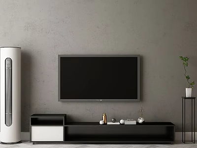 Gray Background Wall with Mounted TV Modern TV Stand White Vertical Appliance and Green Plant 3d model
