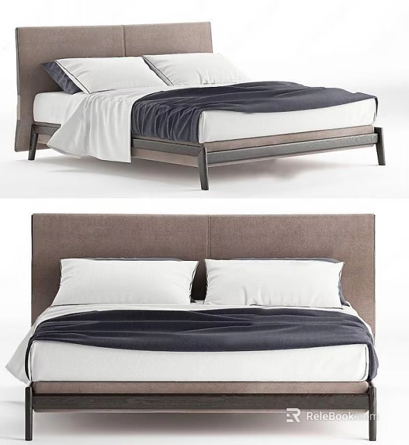 Modern Double Bed With Brown Headboard White Pillows And Dark Blue Bedspread 3d model 