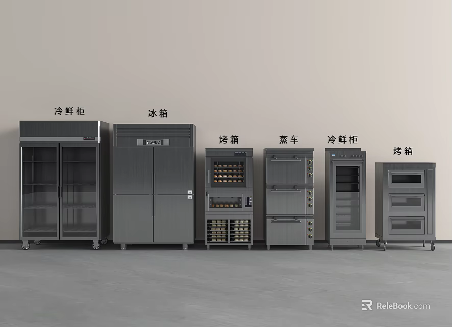Stainless Steel Commercial Kitchen Appliances Including Refrigerators Wine Coolers Steamers Refrigeration Cabinets And Ovens 3d model 