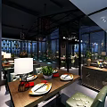 Modern Restaurant Interior With Dining Tables Chairs Hanging Lights And Green Plants
