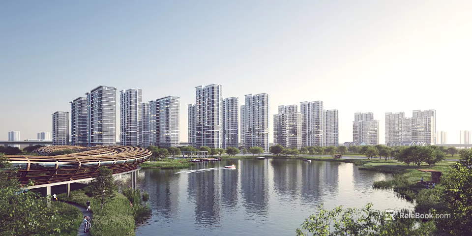 Modern High Rise Residential Buildings With Lake Reflections And Green Landscaped Areas 3d model 