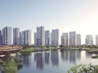 Modern High Rise Residential Buildings With Lake Reflections And Green Landscaped Areas 3d model