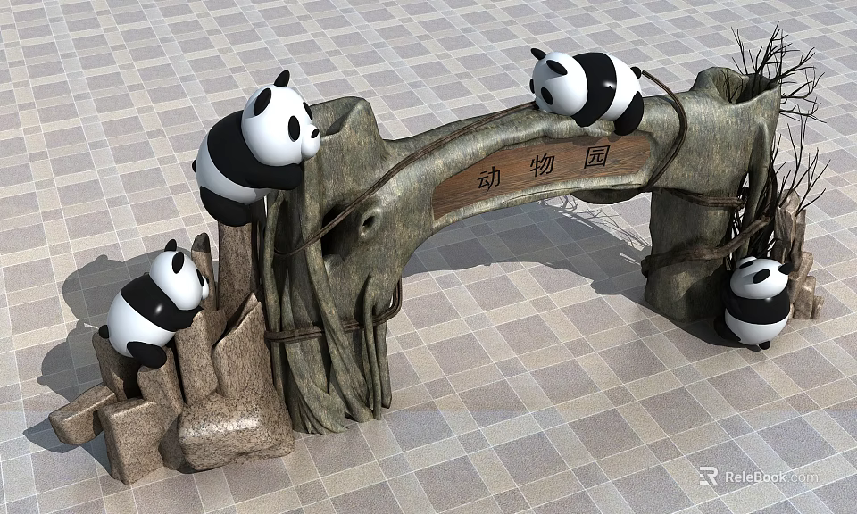 Zoo Entrance Gate With Panda Decorations On Stone Structure And Branch Accents 3d model 