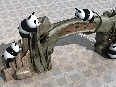 Zoo Entrance Gate With Panda Decorations On Stone Structure And Branch Accents 3d model