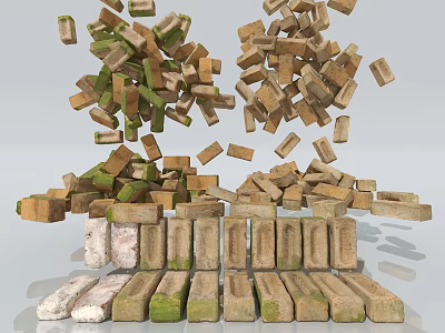 Bricks Stacked And Scattered With Green Moss Arranged In Different Formations 3d model