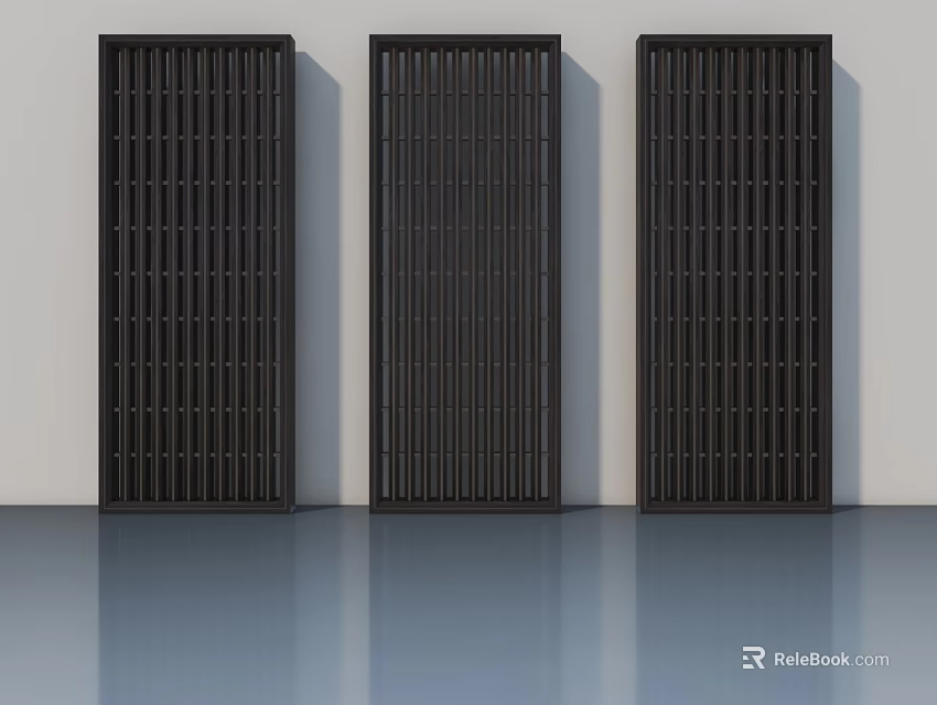 Three Modern Black Grid Design Hinged Doors In White Background With Smooth Floor 3d model 