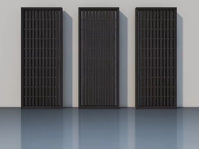 Three Modern Black Grid Design Hinged Doors In White Background With Smooth Floor 3d model