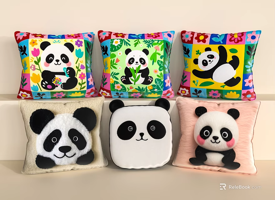Adorable Panda Pattern Pillows With Colorful Background And Soft Plush Design 3d model