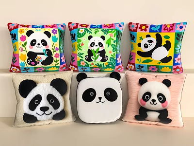 Adorable Panda Pattern Pillows With Colorful Background And Soft Plush Design 3d model