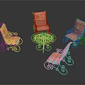 Green Round Outdoor Table With Four Wrought Iron Chairs And Orange Striped Cushions