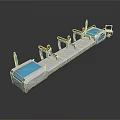 Industrial Conveyor Equipment With Multiple Workstations Blue Surfaces And Control Units