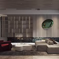 Modern Open Living Dining Room With Sofa Coffee Table Wine Cabinet Marble Wall And Chandelier