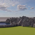 Garden Landscape With Natural Rock Formations Green Lawn And Blue Pond