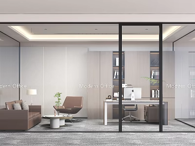 Modern Office Interior With Glass Partition Sofa Chair Desk And Bookshelf 3d model