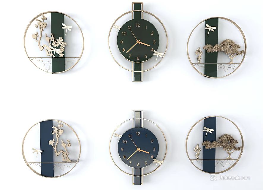Decorative Circular Wall Clocks With Floral Branches Dragonflies Green Blue Gold Frames 3d model 