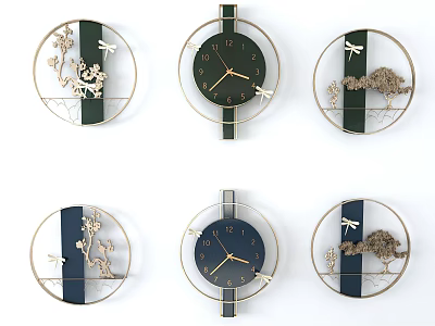 Decorative Circular Wall Clocks With Floral Branches Dragonflies Green Blue Gold Frames 3d model
